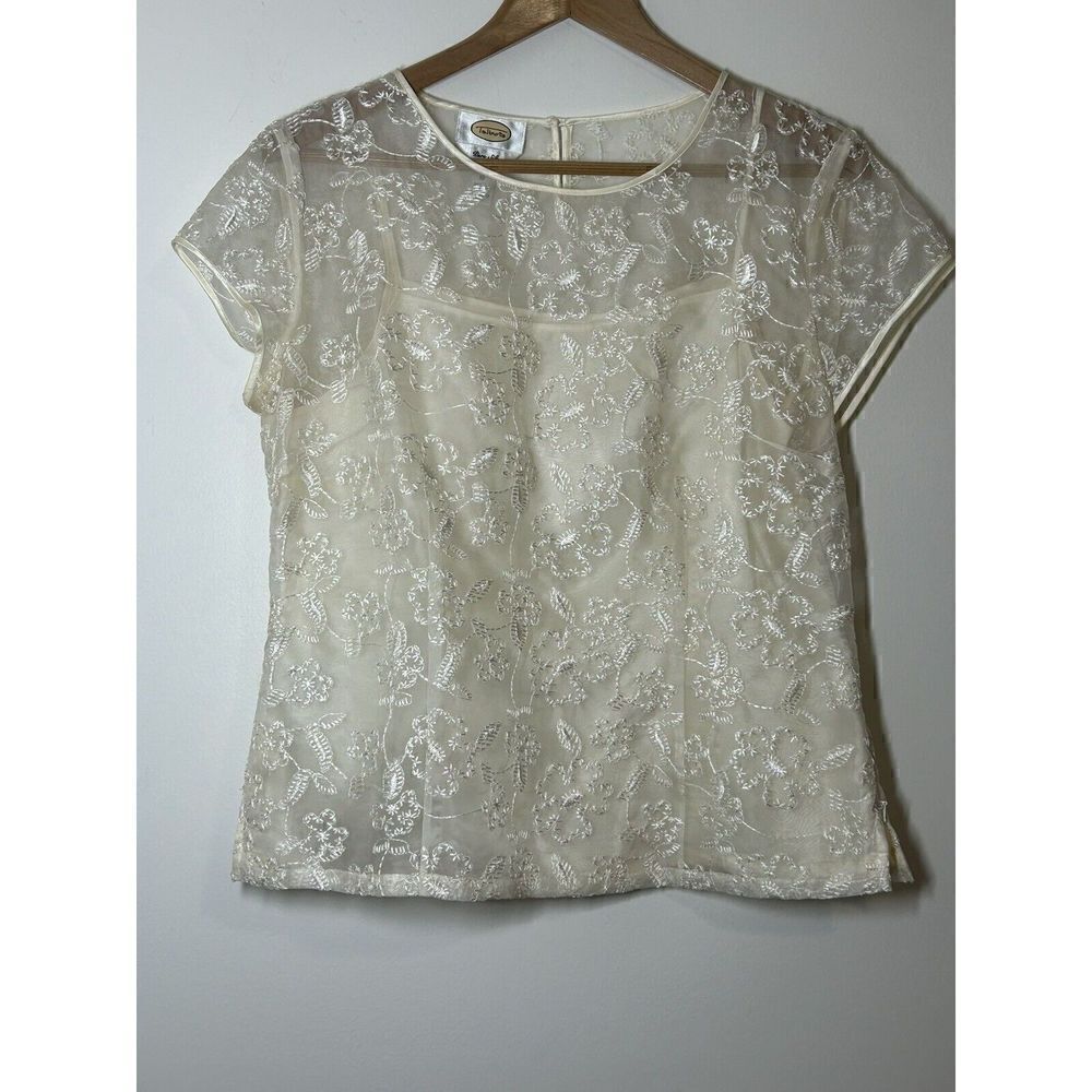Talbots Blouse Womens 10 Cream Ivory Embroidered Pure Silk Sheer Overlay Cami